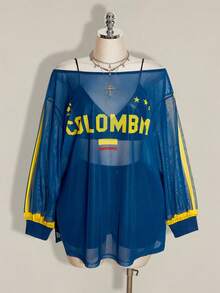 SHEIN ICON 大尺碼 Y2K 鄉村牛仔 90 年代復古龐克印花透視網紗寬開衩迷你洋裝，黃色與海軍藍，秋季度假外出演唱會穿搭 - 藍色 - 查看 3