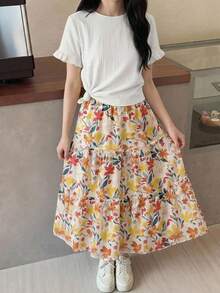 SHEIN Teen Girl Simple Round Neck Ruffle Trim T-Shirt And Floral Print Midi Skirt Set, Casual Vacation - White - View 1