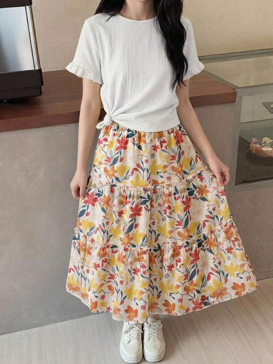 SHEIN Teen Girl Simple Round Neck Ruffle Trim T-Shirt And Floral Print Midi Skirt Set, Casual Vacation - White - View 1