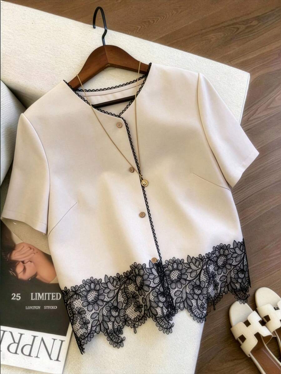 SHEIN Elenzya Plus Size Linen Blend Short Sleeve Contrast Black Floral Lace Hem Round Neck Button Front Cardigan Teachers' Day Office Summer Elegant - Apricot - View 1