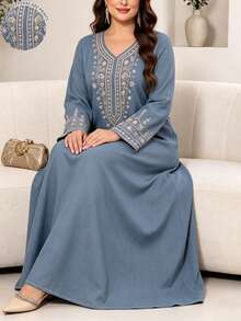 SHEIN Najma 女款時尚V領長袖洋裝，朦朧藍底小碎花領印花，優雅阿拉伯風春夏季長洋裝 - 彩色 - 查看 1