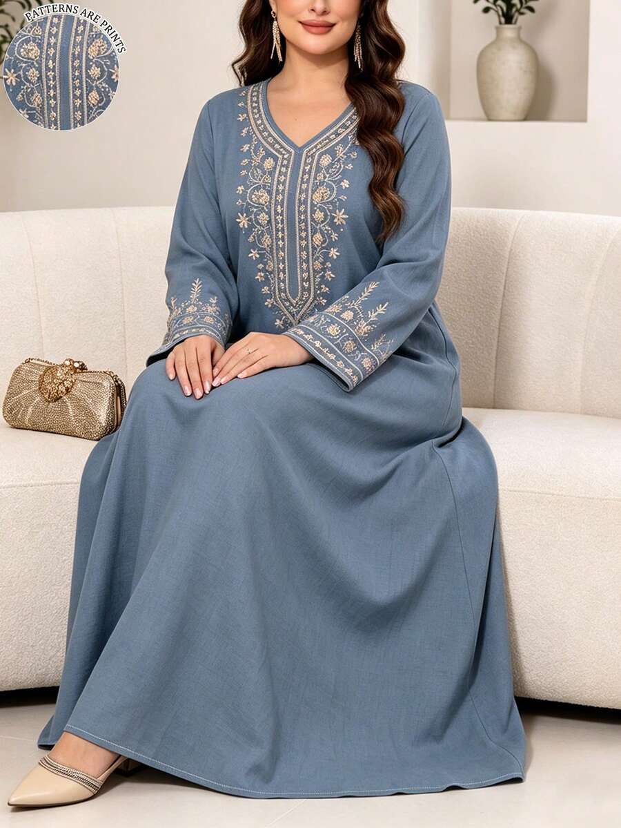 SHEIN Najma 女款時尚V領長袖洋裝,朦朧藍底小碎花領印花,優雅阿拉伯風春夏季長洋裝 - 彩色 - 查看 1