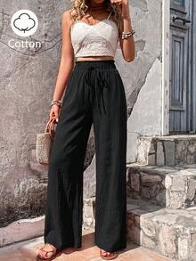 SHEIN Glamour 極簡純色休閒日常通勤女款長褲 - 黑色 - 查看 7