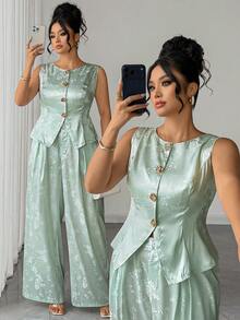 Elenzga Plus Size Women's Floral Print Metal Single-Breasted Top And Wide Leg Pants Casual Daily Outfit - Mint Green - View 4