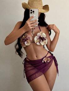 Swim SXY Bộ bikini 3 món thời trang mới gồm áo bikini hai dây buộc cổ họa tiết hoa lan 3D, quần bikini tam giác buộc dây và váy mini xếp ly bằng vải lưới (họa tiết hoa ngẫu nhiên). - Màu đỏ tím - Xem 1