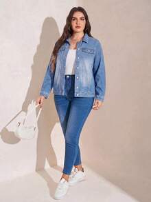 SHEIN LUNE 大尺碼女款水鑽長袖單排扣休閒牛仔夾克 - 藍色 - 查看 4