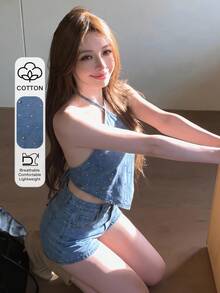DAZY 夏季水鑽休閒度假海灘性感細肩帶上衣與牛仔短褲兩件套女裝淺藍色 - 藍色 - 查看 1