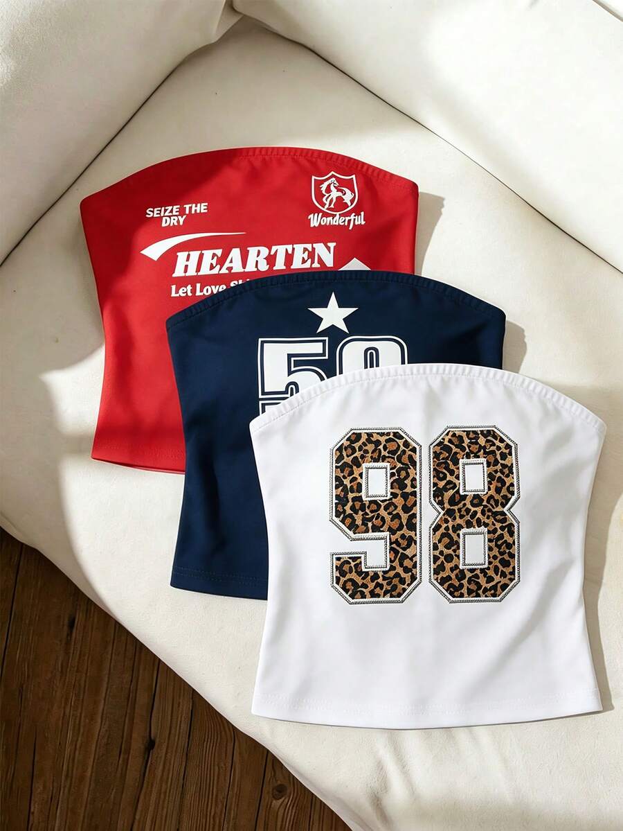 SHEIN 青少年女孩無肩帶短版上衣,針織,休閒,修身,極簡,街頭風,復古,圖案,開學季,舒適,日常,夏季 Y2K - 彩色 - 查看 1
