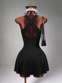 Mistrie Women's Solid Color Casual Cross-Back Sports Dress - Black - View 2
