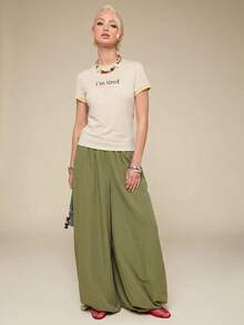 COUREZ 女款修身 Ringer 字母印花 T-shirt，對比滾邊設計，Y2K 風格，適合春夏，外出穿著，演唱會上衣 - 杏色 - 查看 4