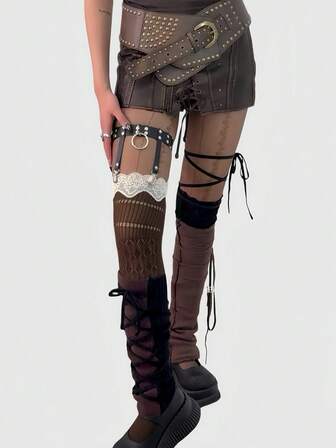 Anime 5Pcs Black Y2K Cross Millennium Spice Girls Lace Splicing One-Piece Socks Calf Socks Combination, Suitable For College, Shopping, Music Festival