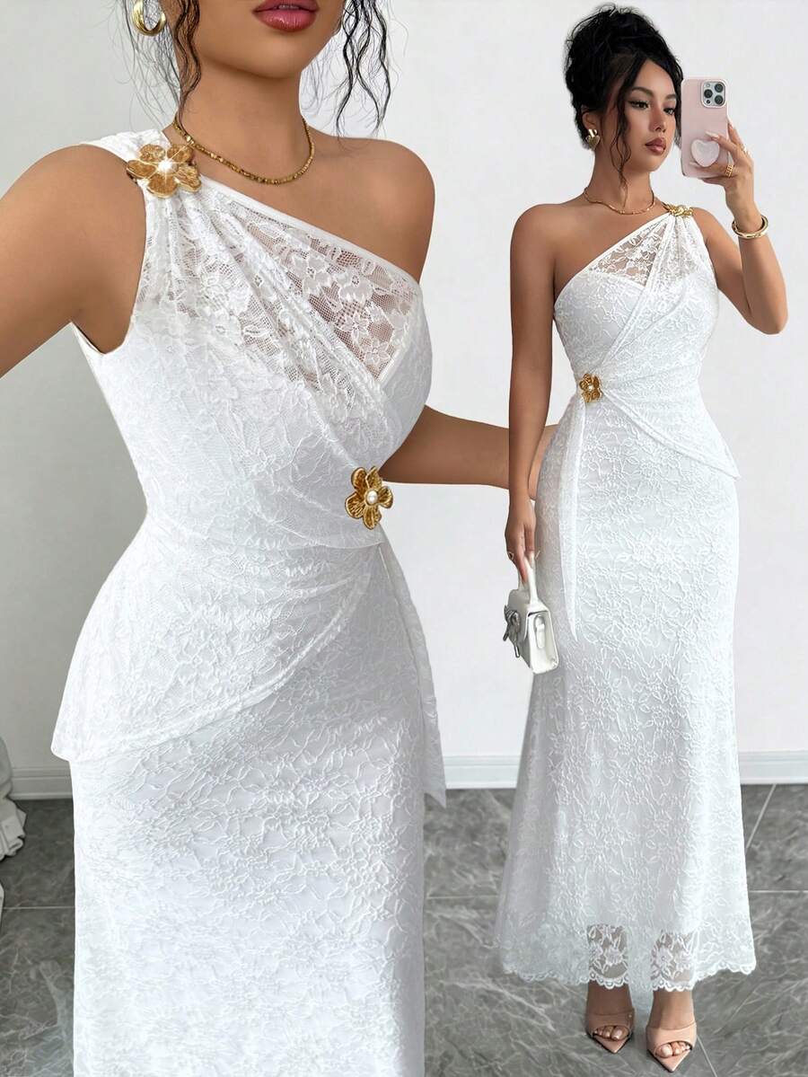 SHEIN Raffinéa Women's Elegant Romantic Lace Asymmetrical Shoulder Design Metal Flower Decor Bodycon Mermaid Dress Wedding Dinner Cocktail White Summer