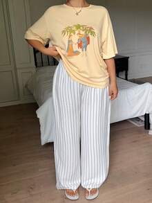Dazy Plus Summer Pattern Print T-Shirt Top & Striped Pajama Pants Set, Plus Size Women's Spring/Summer Yellow Pajama Set - Yellow - View 6