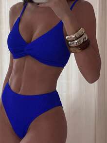 Bộ bikini màu trơn mùa hè dành cho nữ với thiết kế xoắn ngực, trang phục đi biển - Màu xanh hải quân - Xem 4