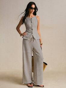 Poéselle Women's Striped Knit 2-Piece Set, Sleeveless Striped Knit Top With Button Design And  Pants, Suitable For Dating, Vacation,Summer/Autumn Outfit - Multicolor - View 3