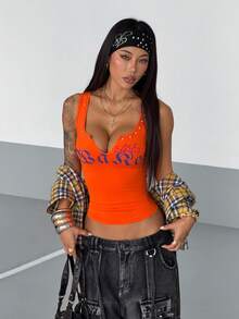 Fiercella Fiercella 女士千禧年风格Y2K黑色休闲街头风无袖上衣，饰有水钻，修身设计 - 亮橙色 - 查看 7