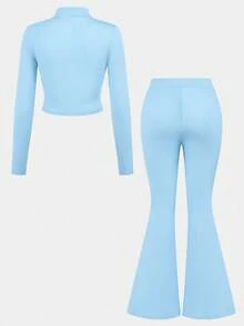 SHEIN Girlism Tween Girl NovaGlow 青少年女孩運動休閒日常針織素色開襟外套與喇叭褲套裝 - 藍色 - 查看 5