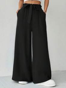 Elenzga Plus Size Solid Black Paperbag Waist Self Tie Bow Ultra Wide Leg Long Pants With Side Pockets Women Summer Casual Textured Trousers - Multicolor - View 3