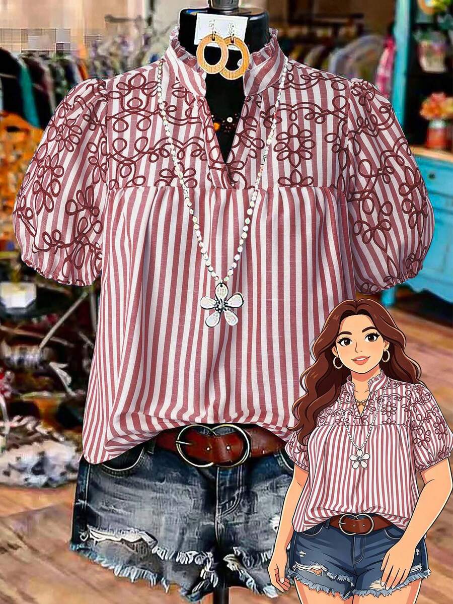 Linhara Blus Wanita Ukuran Besar untuk Musim Panas, Motif Garis-garis, Bordir Imitasi, Leher V, Lengan Mengembang, Modis, Kasual, dan Liburan. - Merah - View 1