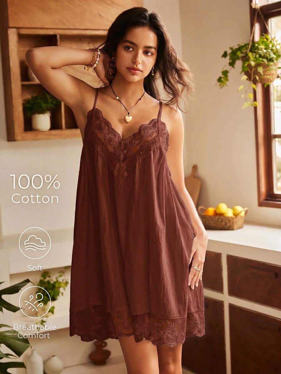 Lullawish 波希米亞風純棉細肩帶女款睡裙 - 棕色 - 查看 1