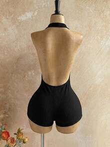 Soleia Women's Vacation Black Ribbed Knit Deep V Backless Bodysuit, Fashionable Fitted Romper For Party, Date, Afternoon Tea, Boho Beach Summer Outfit - Black - View 2