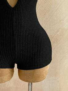 Soleia Women's Vacation Black Ribbed Knit Deep V Backless Bodysuit, Fashionable Fitted Romper For Party, Date, Afternoon Tea, Boho Beach Summer Outfit - Black - View 6
