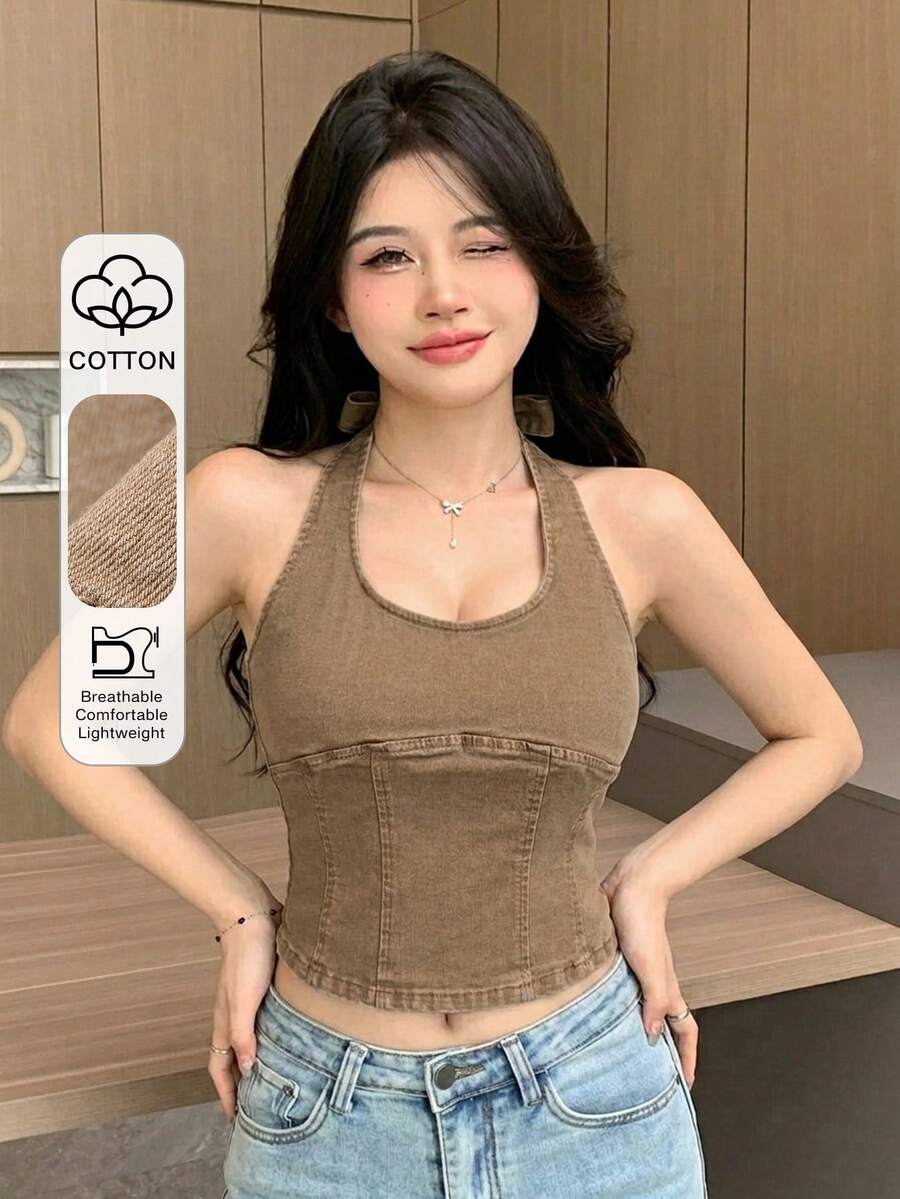 DAZY 女款休閒 Y2K 性感科技風水洗掛脖綁帶牛仔上衣,夏季夜店外出電音節穿搭,咖啡棕色 - 卡其色 - 查看 1