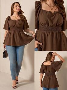 SHEIN LUNE Blusa de talla grande con hombros descubiertos, cuello cuadrado, uso de 2 formas y bajo fluido - Marrón - Ver 6