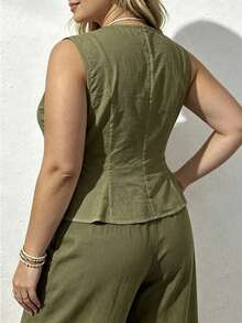 EMERY ROSE Plus Size Minimalist Solid Color Fashion Single-Breasted Casual Shirt - Army Green - View 2