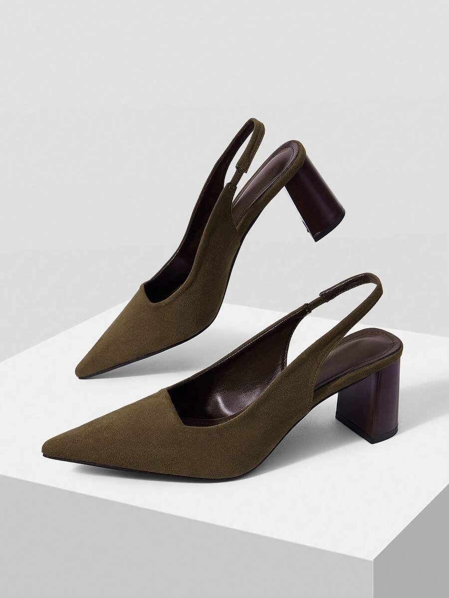 Mnmlis Spring And Summer Simple Slingback Design Pointed Toe Thick Heel, Retro Suede Dark Brown Shoes Commuting Dating - Brown - View 1