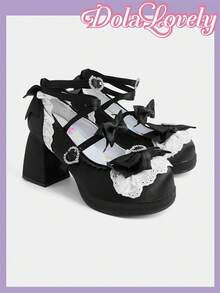 Dola Lovely Women's Shoes, Black, Satin Texture, Stylish Sweet Bow Embellished Lace High Heel Mary Jane - Black + Satin - View 4