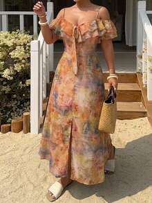 Dazy Plus Floral Print Spaghetti Strap Dress, Elegant French Style, Flutter Sleeves, Plus Size Women's Long Dress For Spring Summer Vacation - Multicolor - View 4