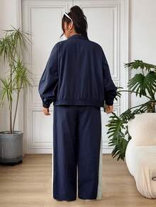 SHEIN EZwear 大尺碼女款拼色長袖拉鍊外套與鬆緊腰長褲兩件套 秋季 - 彩色 - 查看 4
