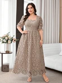 Reflora Vestido de Talla Grande unicolor con Manga Abullonada y Botones de Perla - Caqui - Ver 4