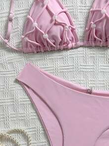 Swim Mod 女士手工串珠高端复古三角比基尼套装，串珠装饰性感沙滩度假泳装，纯色春夏百搭女士比基尼套装 - 淺粉色 - 查看 5