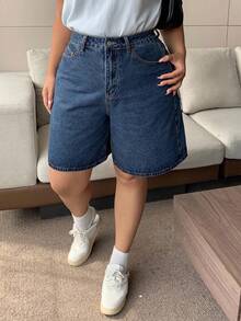 Dazy Tall Curve 深色水洗藍後口袋蝴蝶結刺繡直筒膝長牛仔短褲 春夏高個大尺碼女款 - 深色水洗藍 - 查看 4
