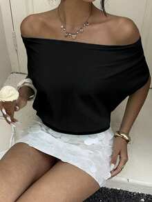 Aloruh 女款春夏度假純黑色性感露背寬鬆露肩前綁帶T恤，適合度假、派對、約會、音樂節、Y2K風格 - 黑色 - 查看 5