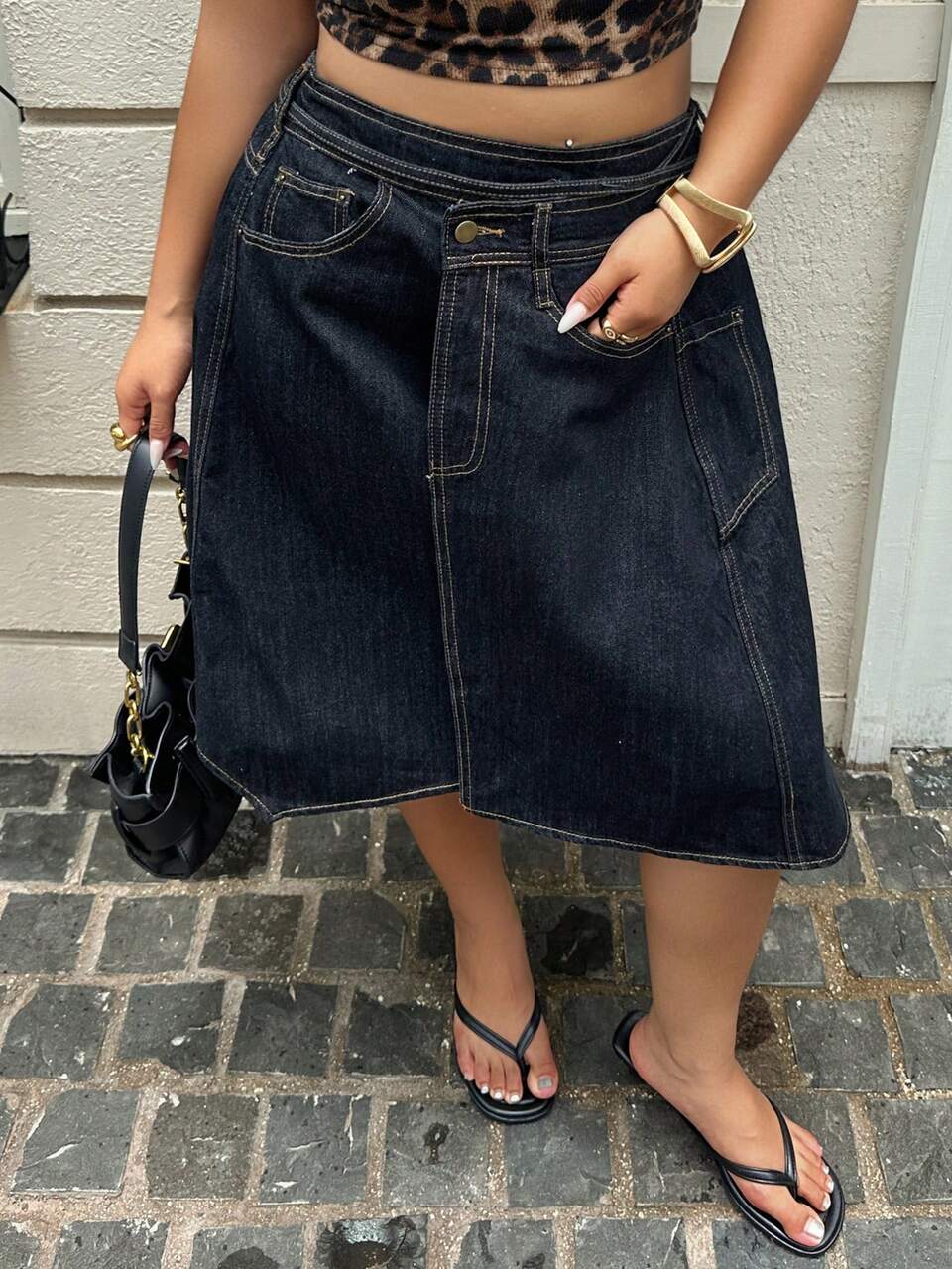 Dark Wash Blue Asymmetrical Hem Tie-Waist Blogger Casual Design Plus Size Women Knee-Length Midi Denim Skirt Spring Summer