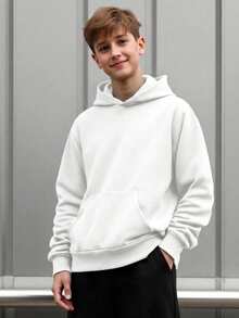 SHEIN 青少年男孩休閒寬鬆舒適百搭素色運動衫 - 白色 - 查看 11