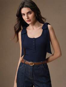 Anewsta Women's New Elegant Bow Tie Design Button Blue Vest Suitable For Spring And Summer Gatherings, Dates, Daily Commute, Navy Blue Top - Navy Blue - View 3