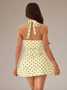 SHEIN PETITE Polka Dot Pattern Women's Halter Neck Short Dress - Light Yellow - View 2