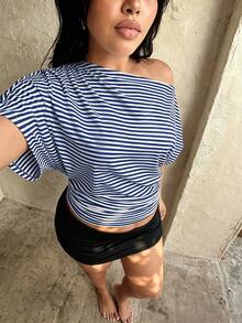 Rustia 大尺碼女款不對稱肩條紋T恤上衣，休閒舒適 - 藏蓝色 - 查看 3