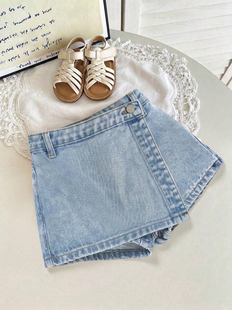SHEIN Young Girl Denim Short Culottes,Spring And Summer Casual Vacation Country Boho Wear, Beach, Western Street Wear For Girl,Spring Break,Rave Festival Denim Middle Skort,Graduation, Vacay - Light Wash - View 1