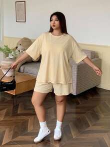 Dazy Plus Solid Color Knit Round Neck Top & Shorts Pajama Set Summer - Yellow - View 5