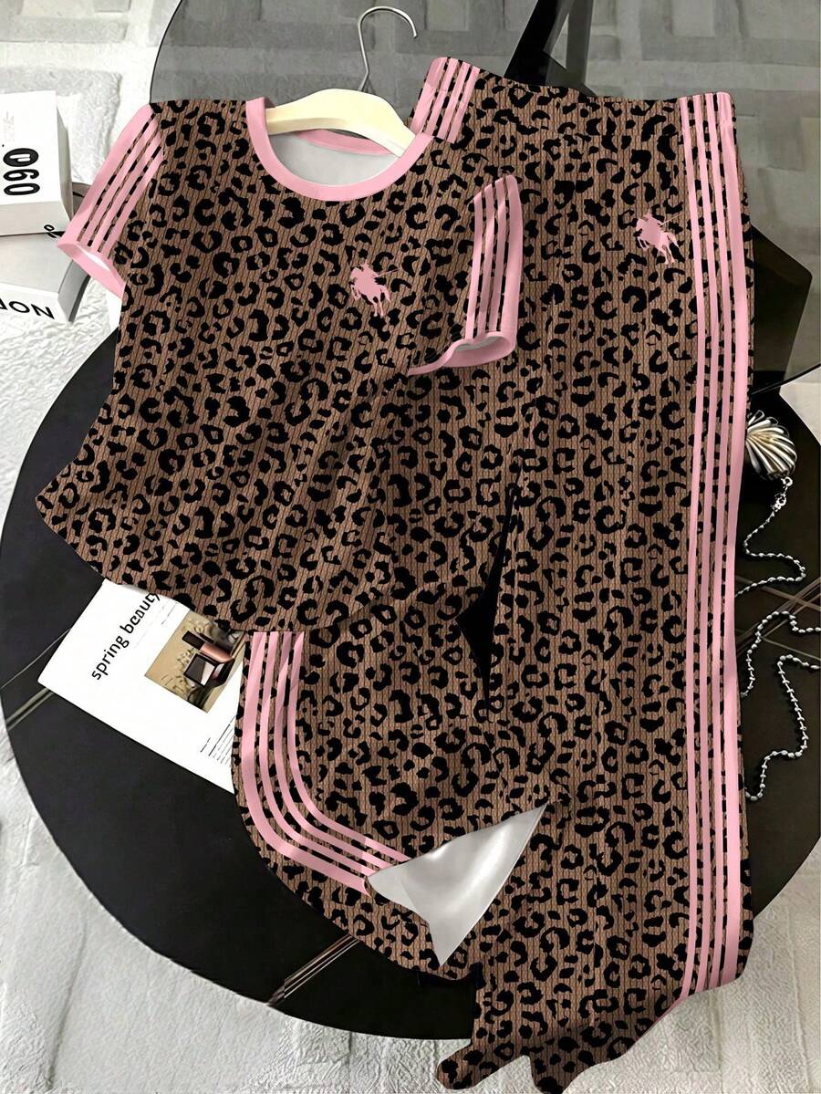 SHEIN 復古時尚豹紋棕色,青少年女孩極簡休閒時尚修身腰部抽褶T恤上衣 & 寬鬆休閒長褲2件套,適合休閒夏季/秋季日常穿著,街頭風,外出,度假,返校,秋季新風格 - 彩色 - 查看 1