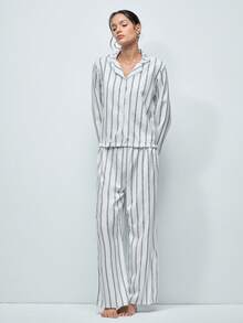 Softvol 女士宽松舒适透气条纹长袖上衣和裤子两件套家居服，冬季服装 - 白色 - 查看 4