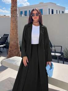 Yasmyna Women's Solid Color Long Sleeve Robe And Pleated Skirt Casual Daily Arabic Outfit - Black - View 6