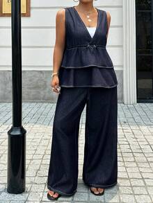 Dazy Plus Women's Sleeveless Tank Top Layered Ruffle Hem Elastic Waist Wide Leg Pants Denim Set Urban Casual Outerwear Spring Summer Date Night Navy Blue - Dark Wash - View 3