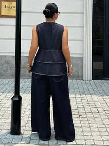 Dazy Plus Women's Sleeveless Tank Top Layered Ruffle Hem Elastic Waist Wide Leg Pants Denim Set Urban Casual Outerwear Spring Summer Date Night Navy Blue - Dark Wash - View 5