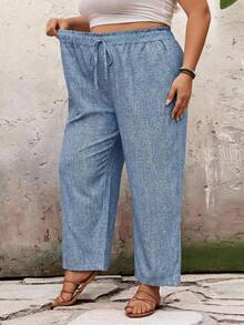 SHEIN CURVE+ Plus Size Women's High Waist Loose Flared Leg Solid Color Ruffle Summer Pants, ,Hoho Vacation - Blue - View 6